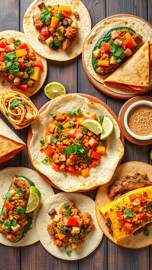 A variety of tortilla meals including tacos, burritos, and quesadillas on a wooden table.